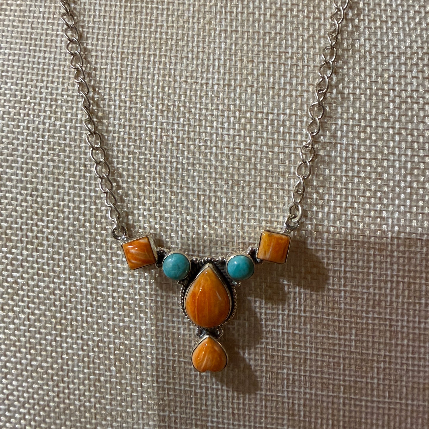 Orange Spiny Oyster Kingman Turquoise Gemstone Necklace 18 Inch Chain