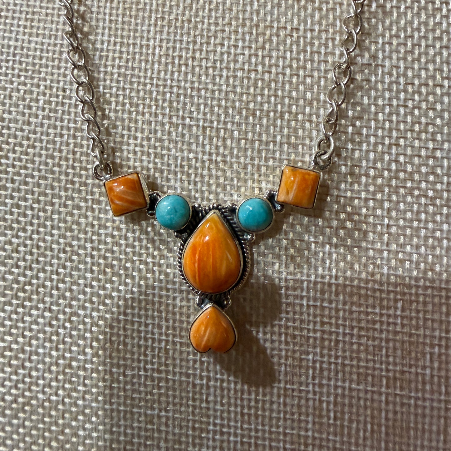 Orange Spiny Oyster Kingman Turquoise Gemstone Necklace 18 Inch Chain