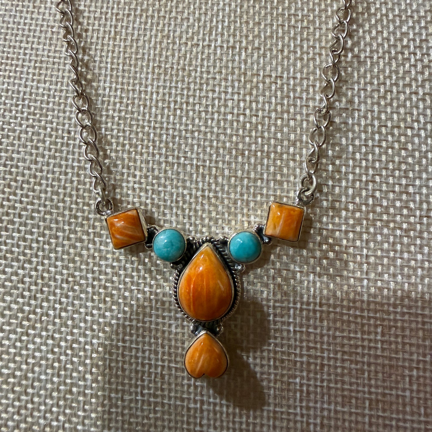 Orange Spiny Oyster Kingman Turquoise Gemstone Necklace 18 Inch Chain