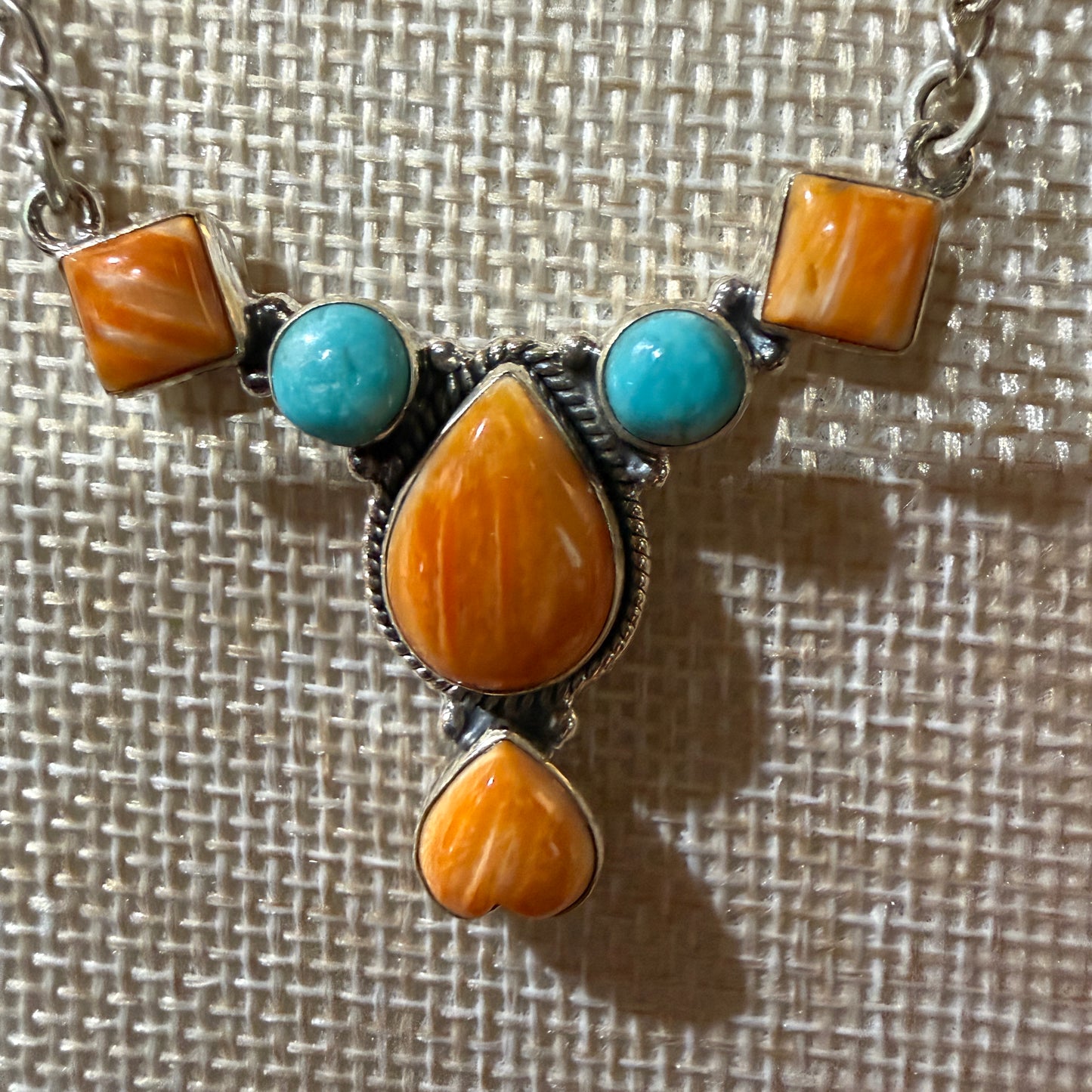 Orange Spiny Oyster Kingman Turquoise Gemstone Necklace 18 Inch Chain