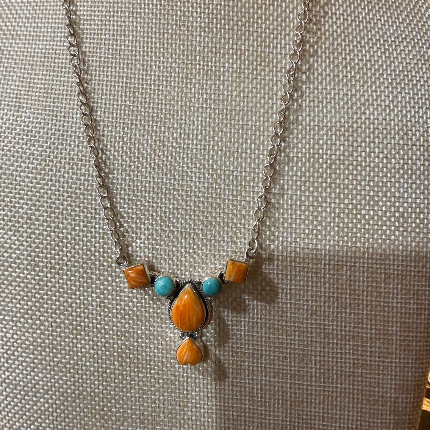 Orange Spiny Oyster Kingman Turquoise Gemstone Necklace 18 Inch Chain