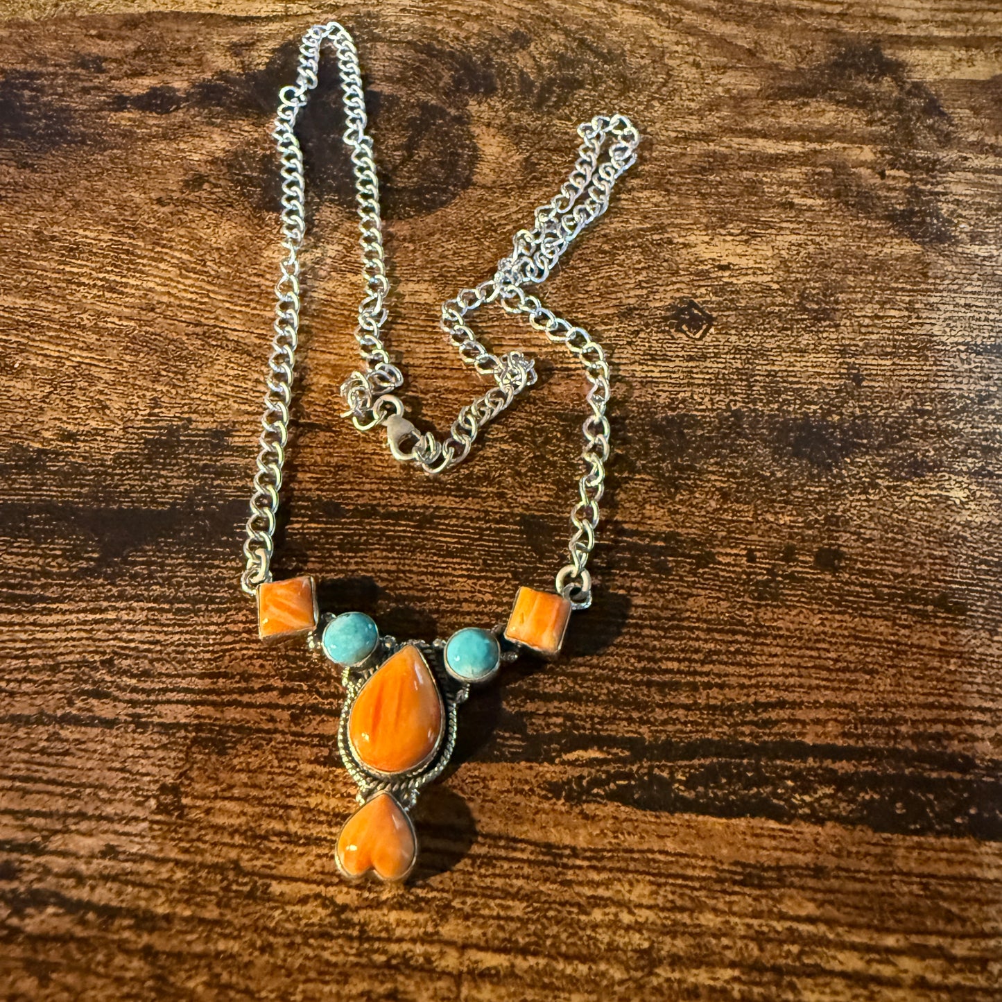 Orange Spiny Oyster Kingman Turquoise Gemstone Necklace 18 Inch Chain
