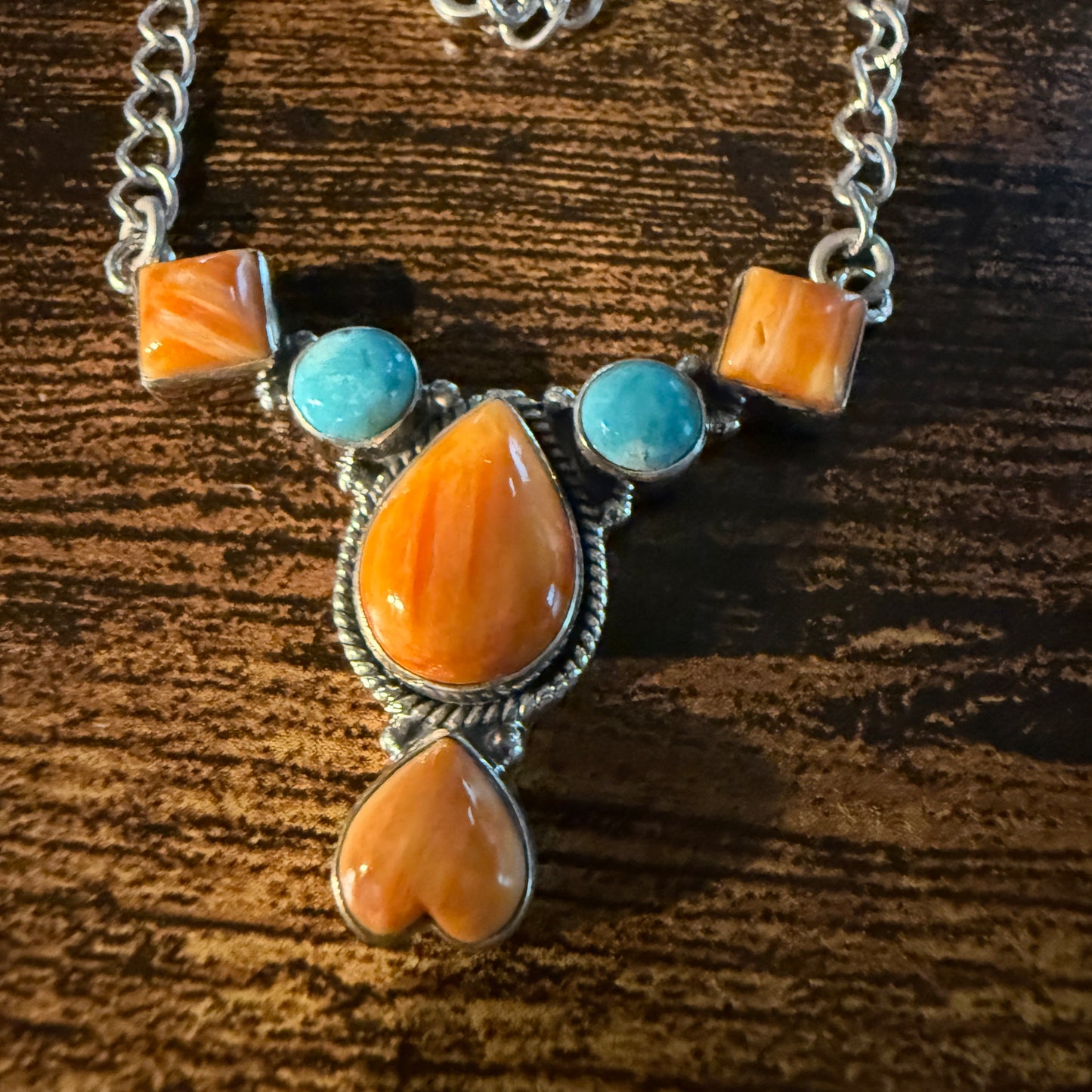 Orange Spiny Oyster Kingman Turquoise Gemstone Necklace 18 Inch Chain