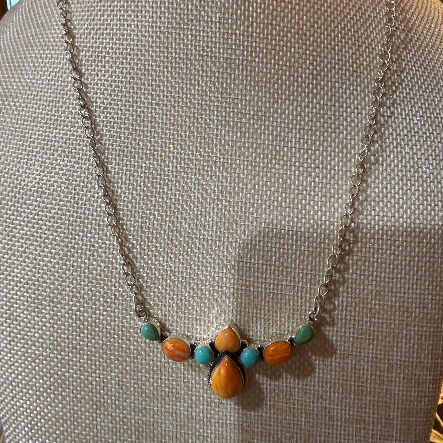 Orange Spiny Oyster and Kingman Turquoise Necklace Sterling Silver 18 Inch Chain