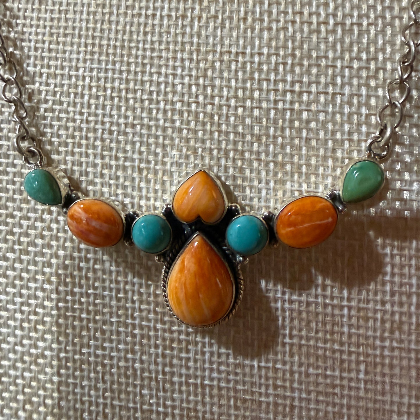 Orange Spiny Oyster and Kingman Turquoise Necklace Sterling Silver 18 Inch Chain