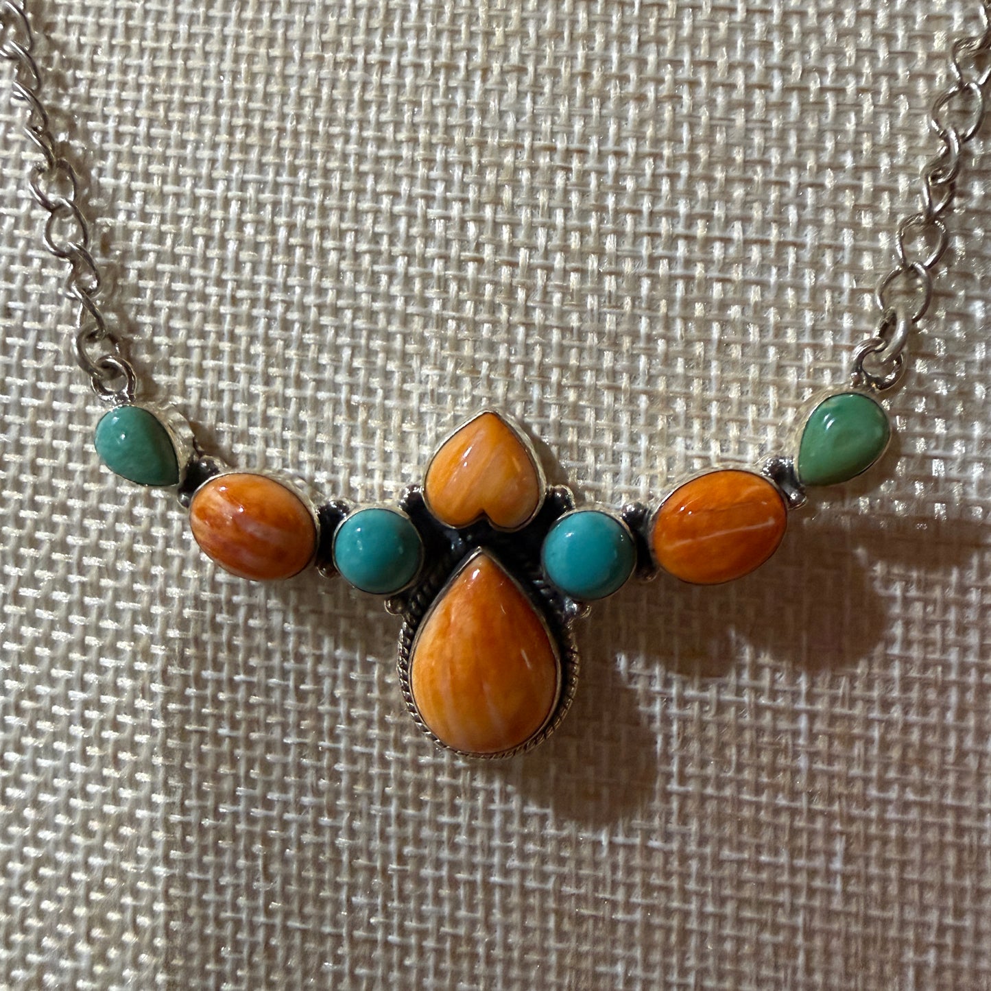 Orange Spiny Oyster and Kingman Turquoise Necklace Sterling Silver 18 Inch Chain