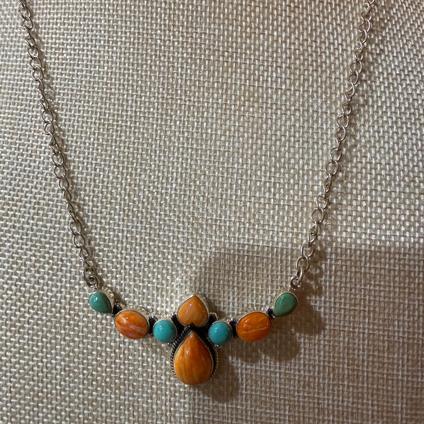 Orange Spiny Oyster and Kingman Turquoise Necklace Sterling Silver 18 Inch Chain