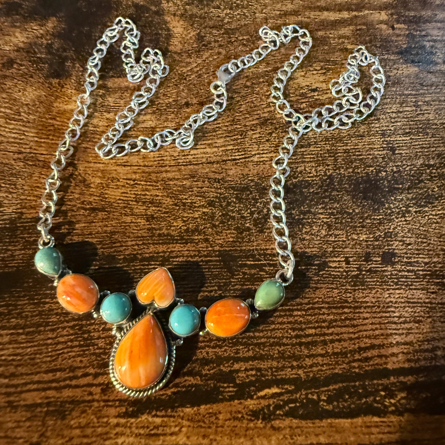 Orange Spiny Oyster and Kingman Turquoise Necklace Sterling Silver 18 Inch Chain
