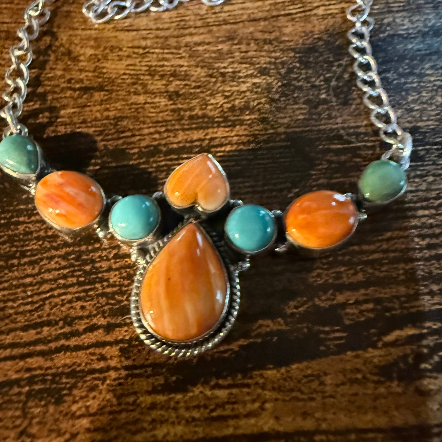 Orange Spiny Oyster and Kingman Turquoise Necklace Sterling Silver 18 Inch Chain