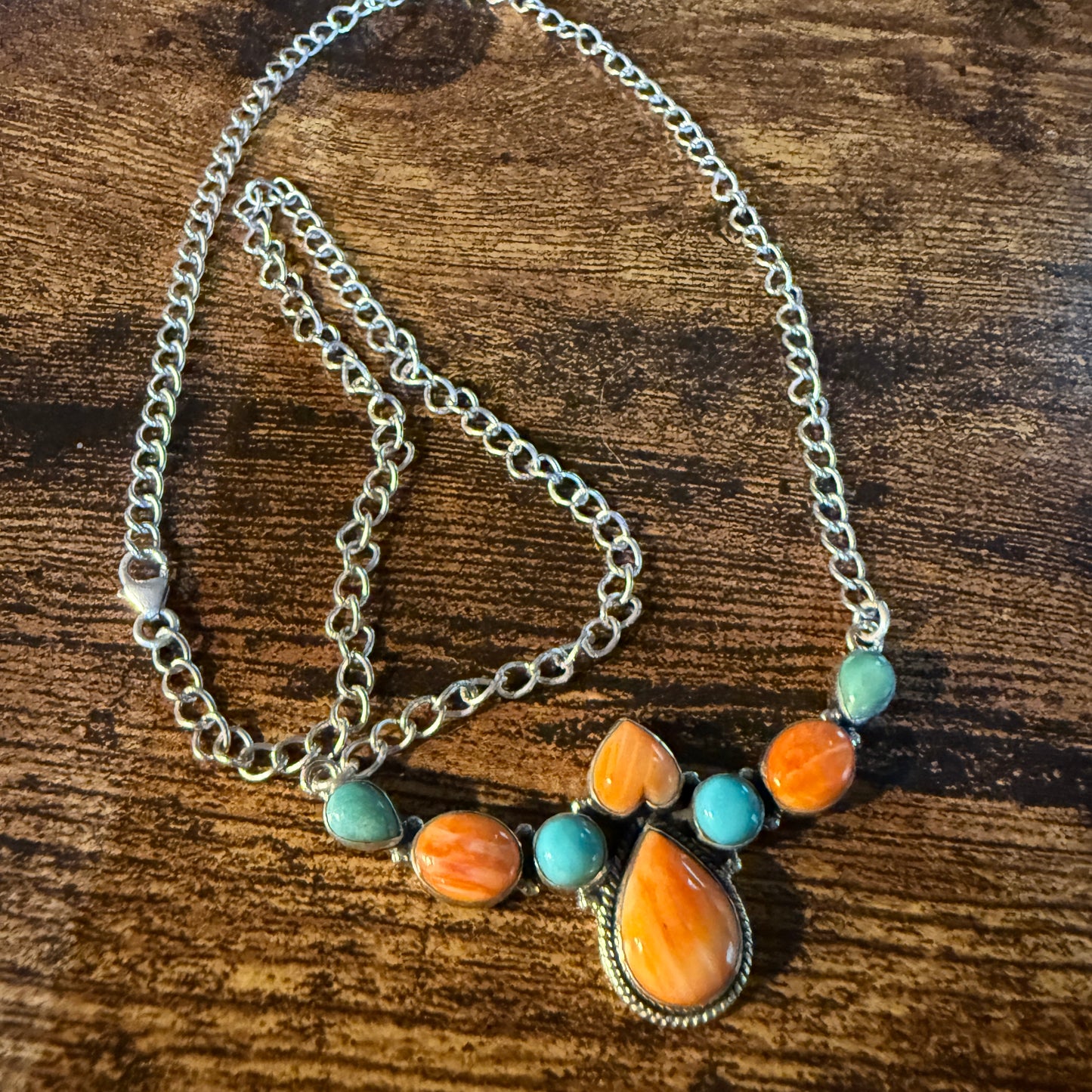 Orange Spiny Oyster and Kingman Turquoise Necklace Sterling Silver 18 Inch Chain
