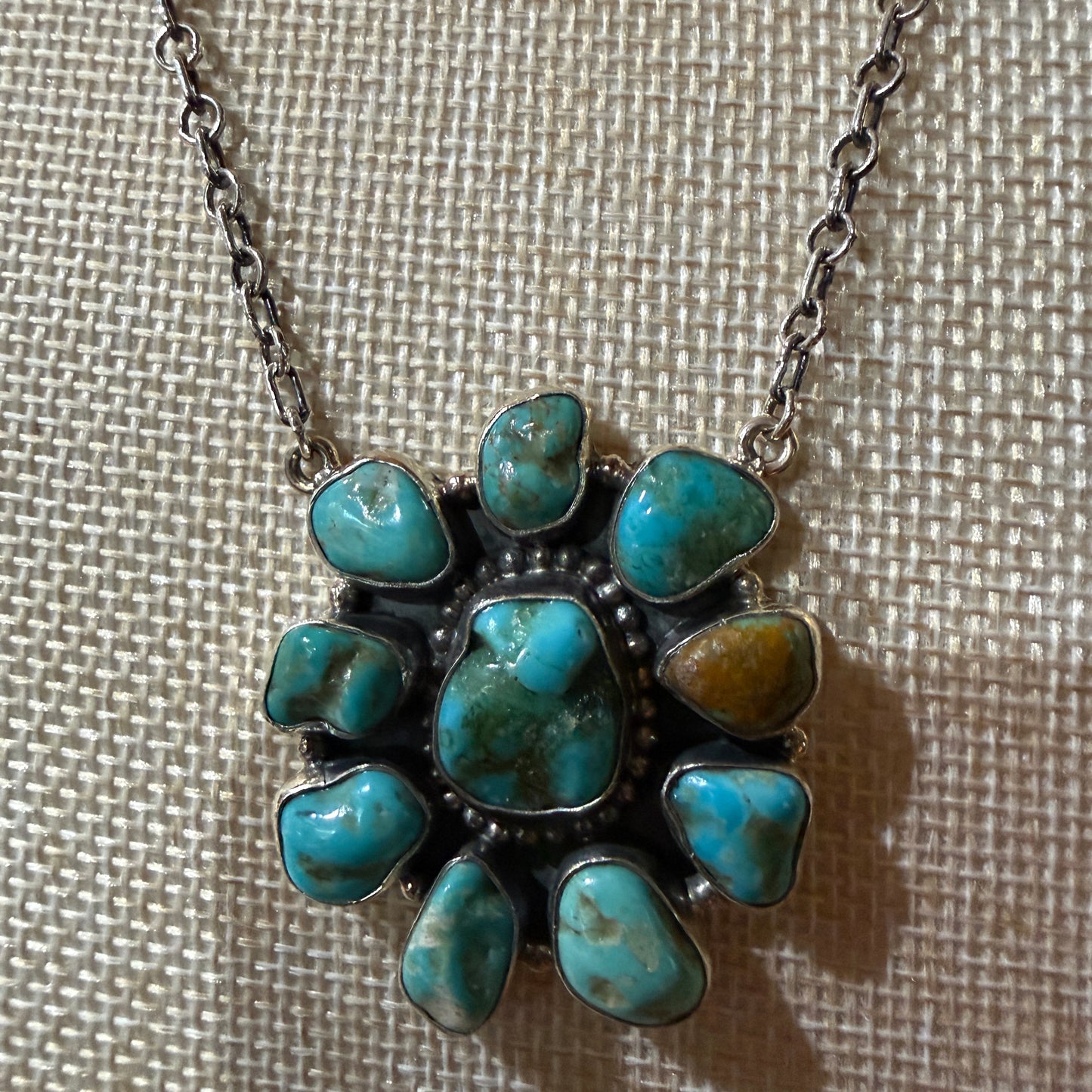Mojave Turquoise Gemstone Cluster Necklace Sterling Silver 1.5 Inch Diameter