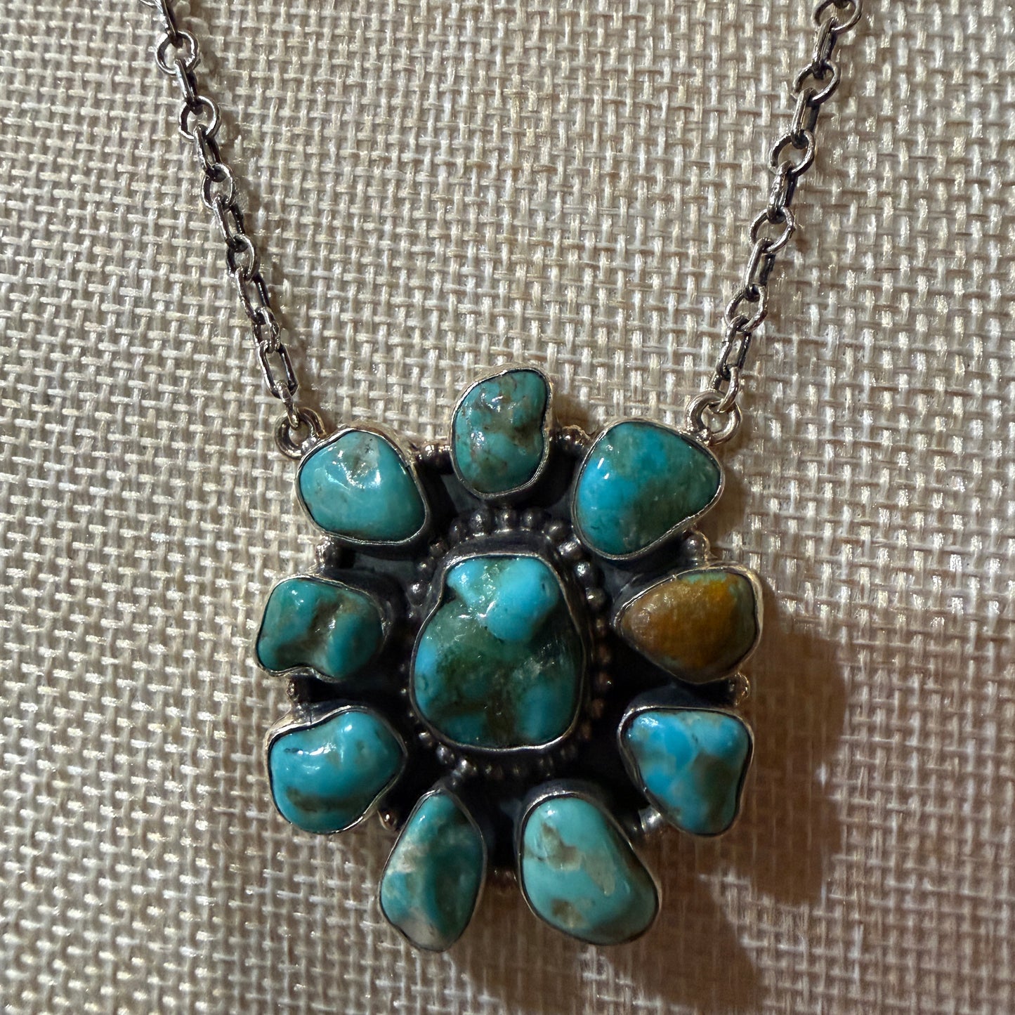 Mojave Turquoise Gemstone Cluster Necklace Sterling Silver 1.5 Inch Diameter