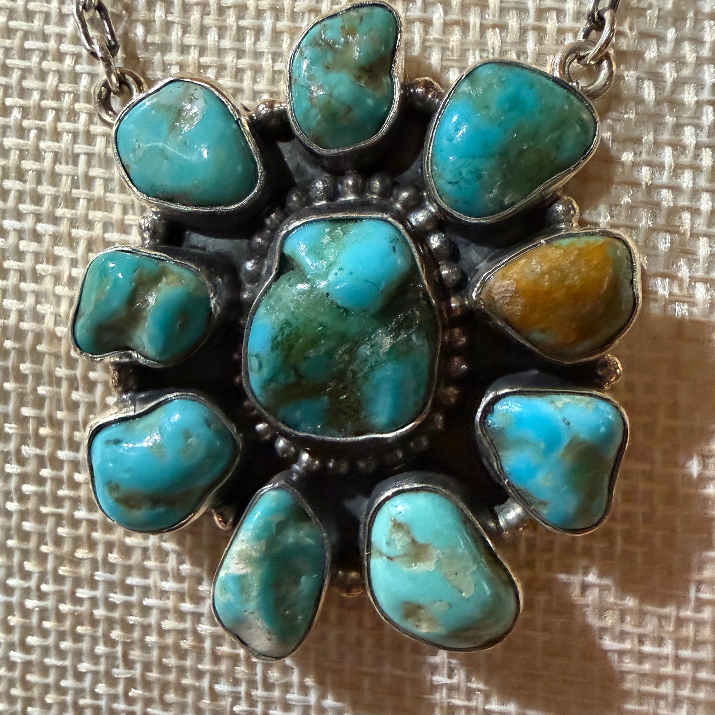 Mojave Turquoise Gemstone Cluster Necklace Sterling Silver 1.5 Inch Diameter