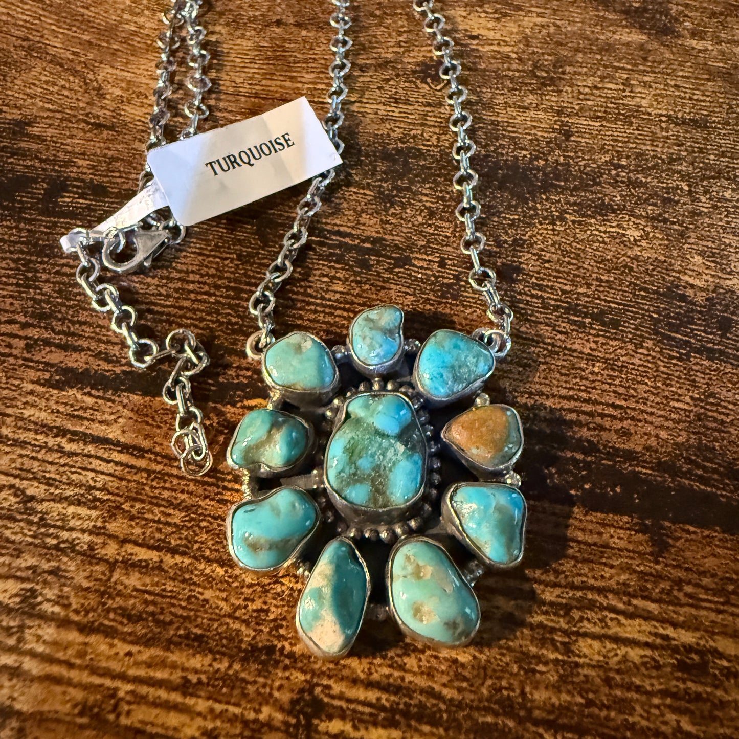 Mojave Turquoise Gemstone Cluster Necklace Sterling Silver 1.5 Inch Diameter