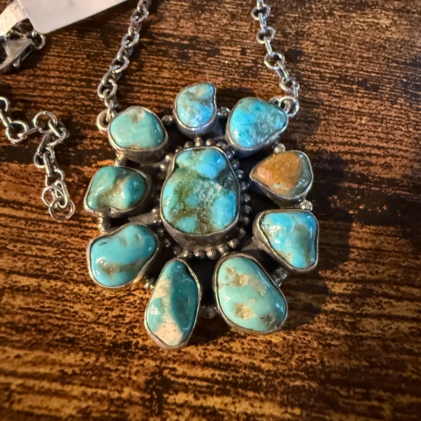 Mojave Turquoise Gemstone Cluster Necklace Sterling Silver 1.5 Inch Diameter