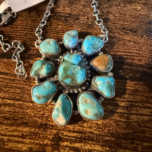 Mojave Turquoise Gemstone Cluster Necklace Sterling Silver 1.5 Inch Diameter