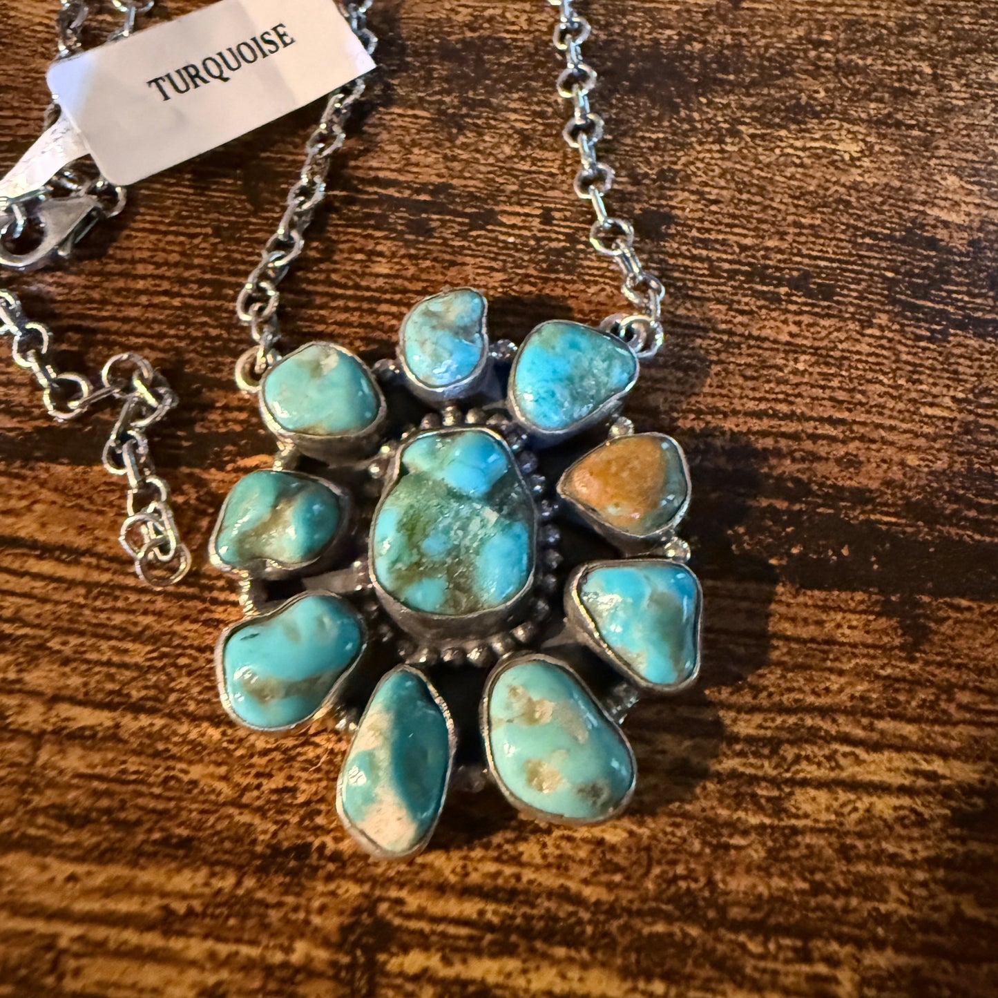 Mojave Turquoise Gemstone Cluster Necklace Sterling Silver 1.5 Inch Diameter