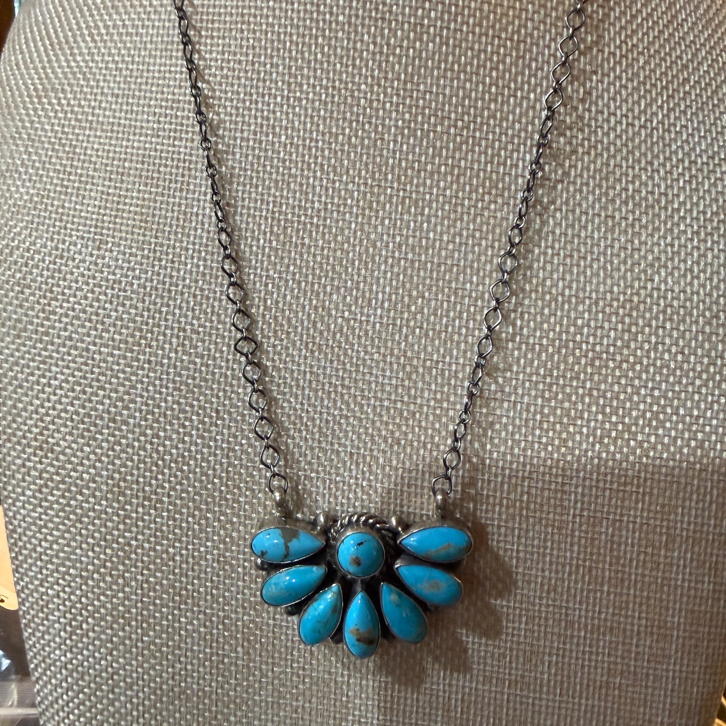 Native Handmade Effie Garfield Kingman Turquoise Half Cluster Necklace Sterling Silver
