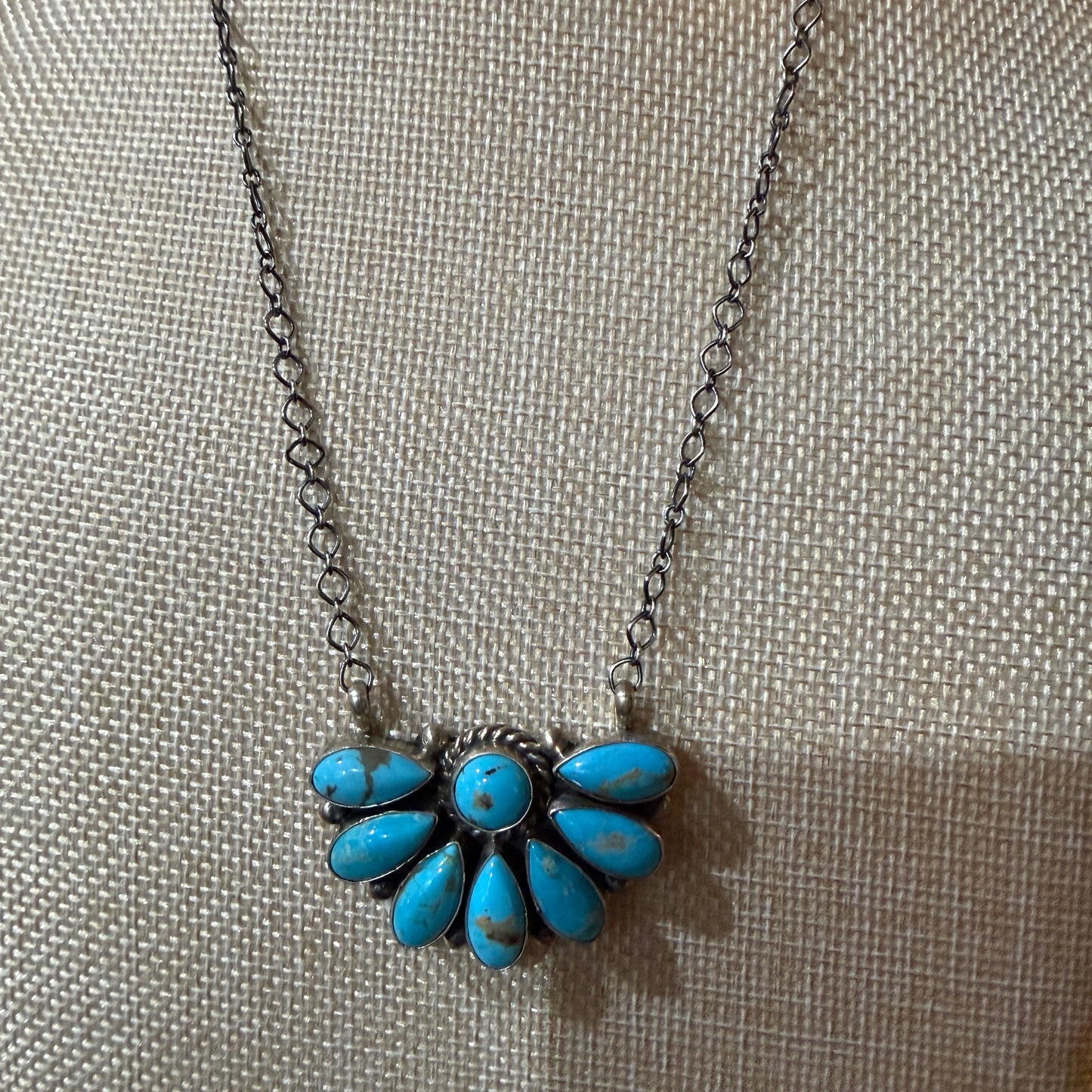 Native Handmade Effie Garfield Kingman Turquoise Half Cluster Necklace Sterling Silver