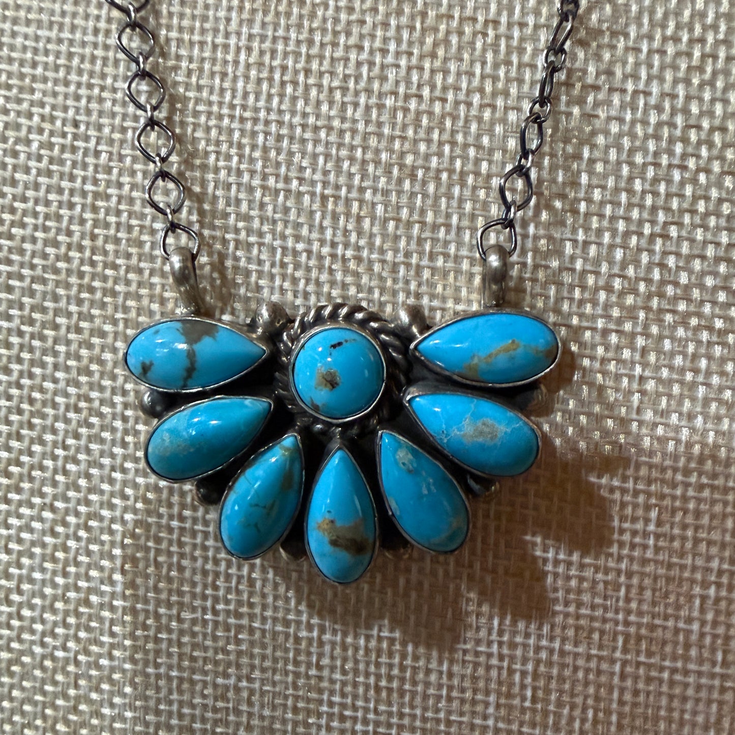 Native Handmade Effie Garfield Kingman Turquoise Half Cluster Necklace Sterling Silver