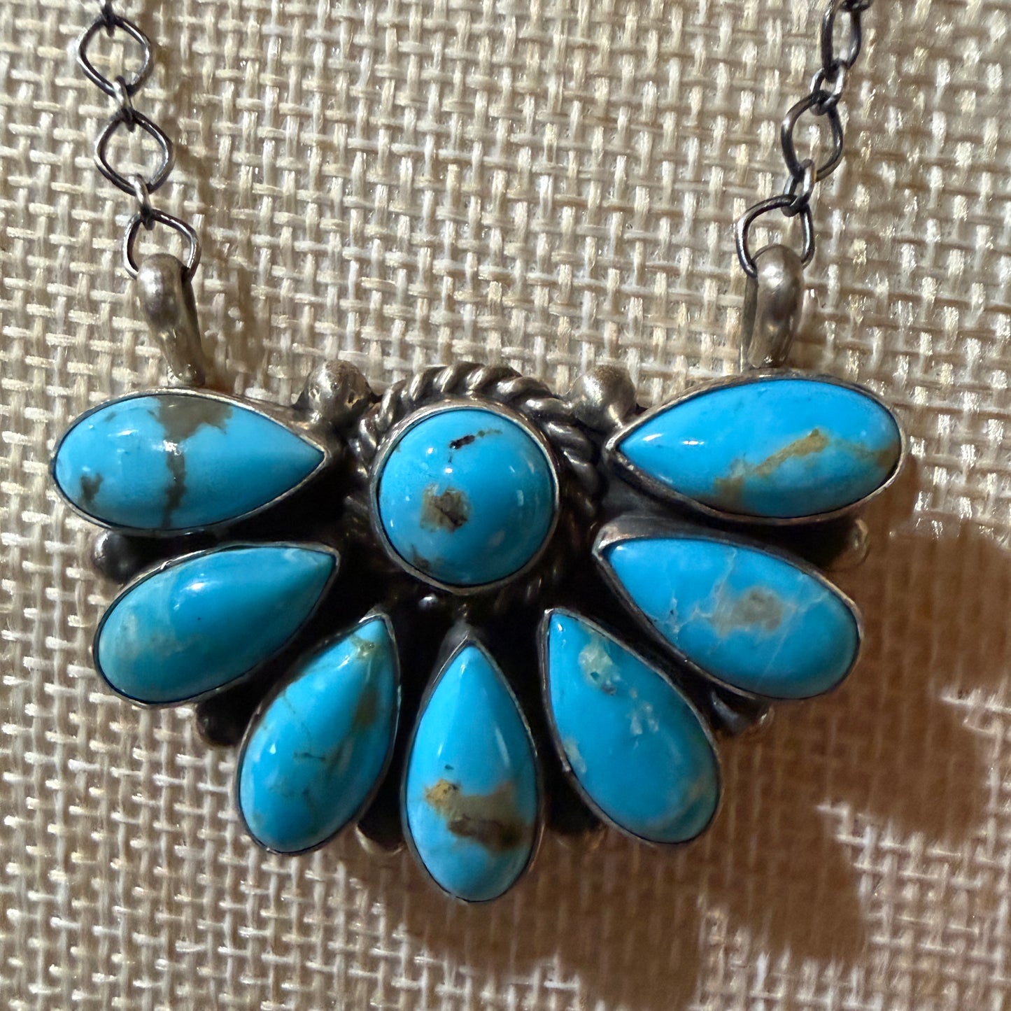 Native Handmade Effie Garfield Kingman Turquoise Half Cluster Necklace Sterling Silver