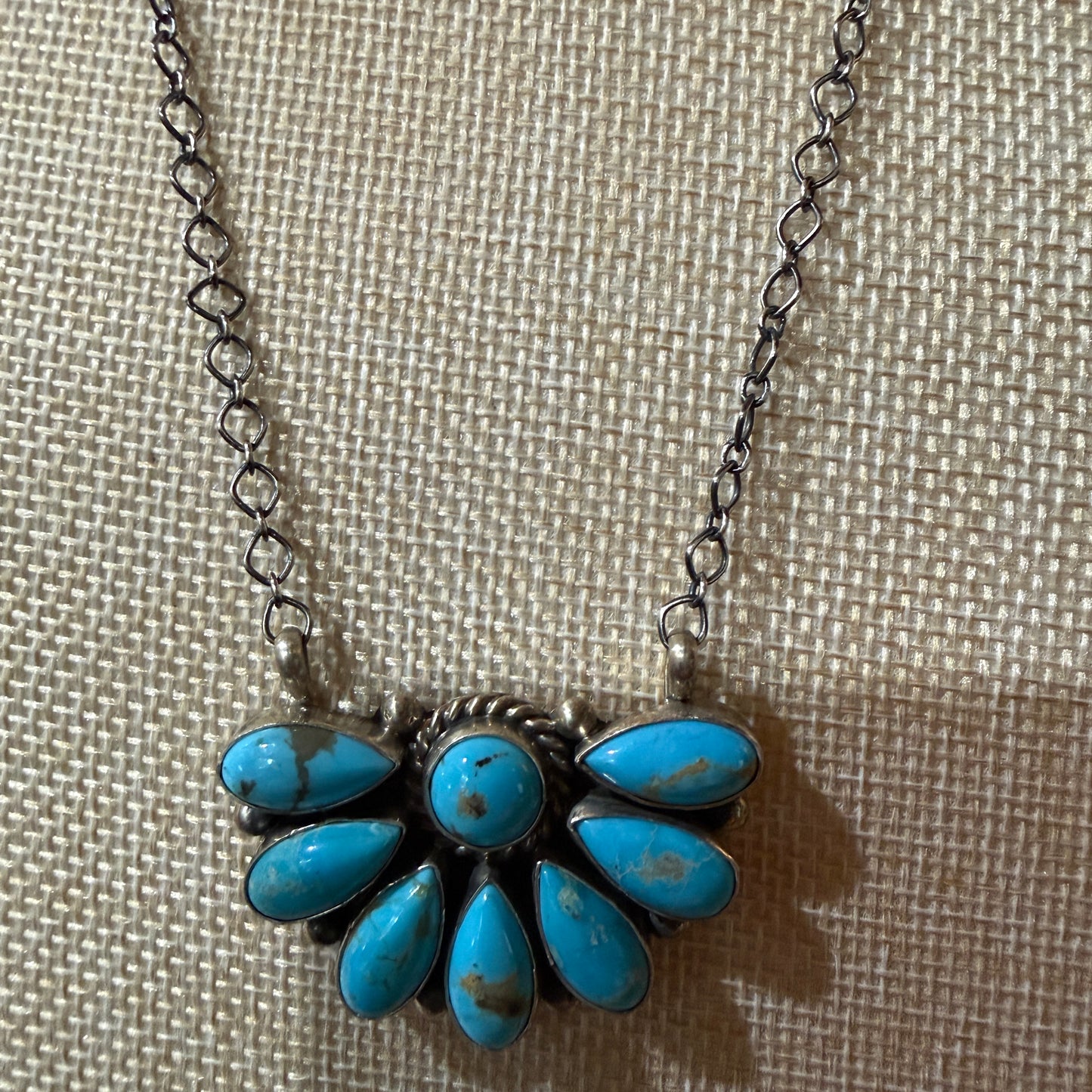 Native Handmade Effie Garfield Kingman Turquoise Half Cluster Necklace Sterling Silver