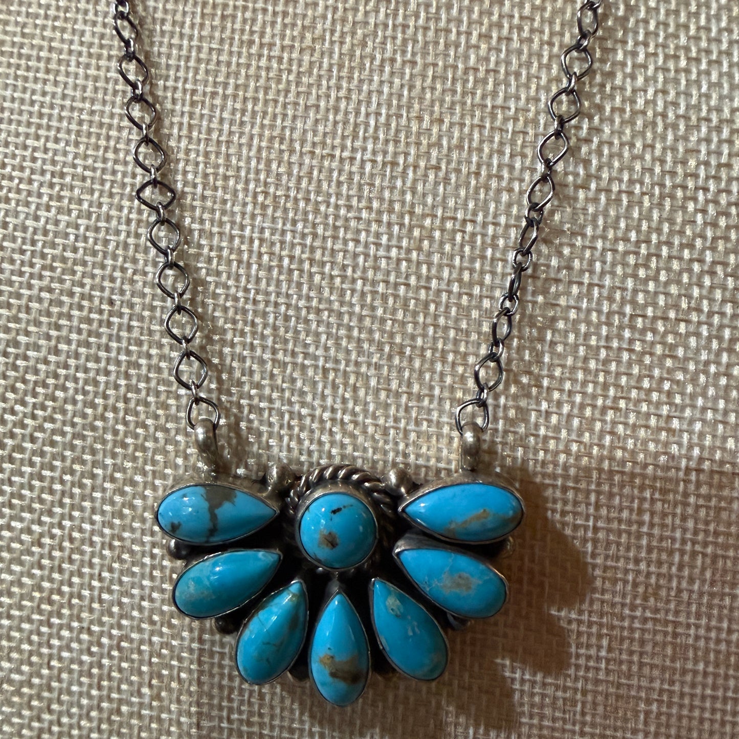 Native Handmade Effie Garfield Kingman Turquoise Half Cluster Necklace Sterling Silver