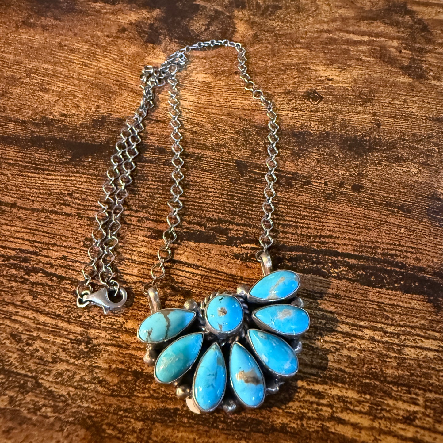 Native Handmade Effie Garfield Kingman Turquoise Half Cluster Necklace Sterling Silver