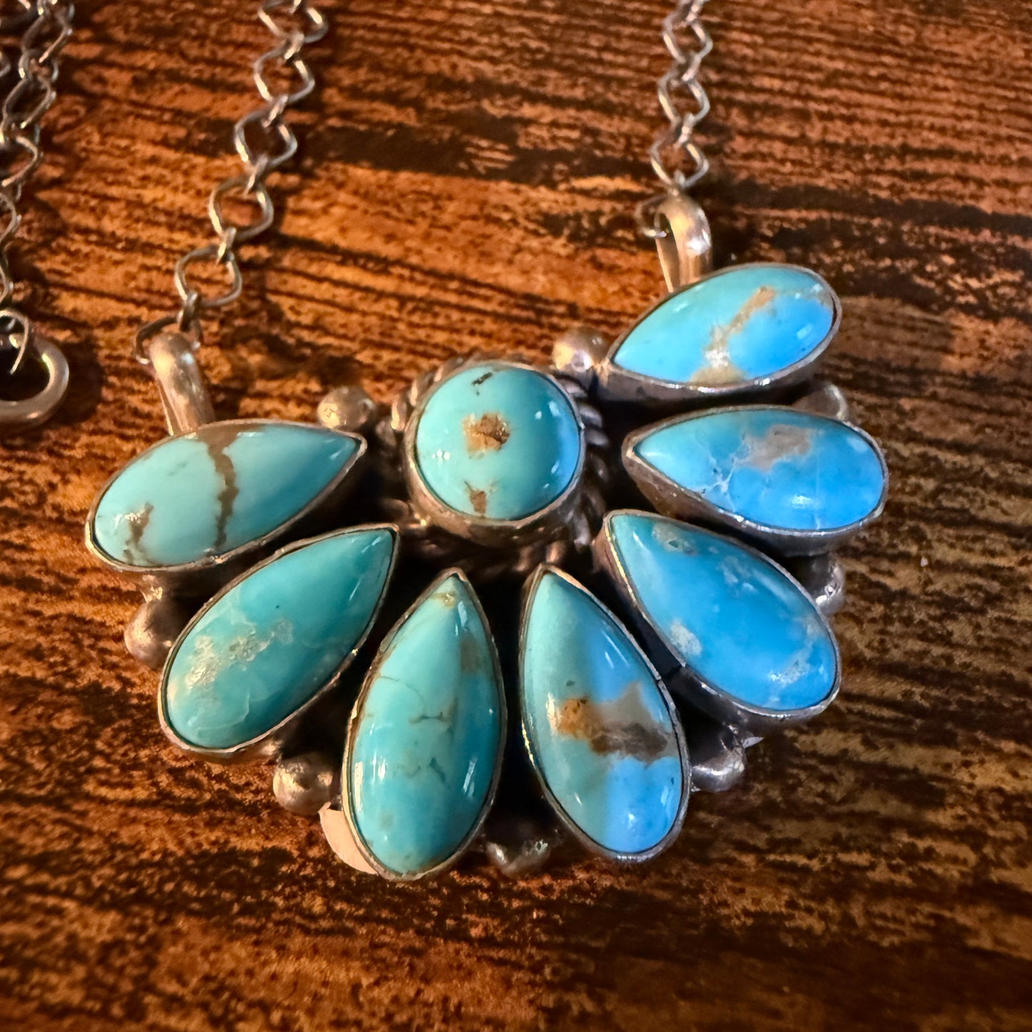 Native Handmade Effie Garfield Kingman Turquoise Half Cluster Necklace Sterling Silver
