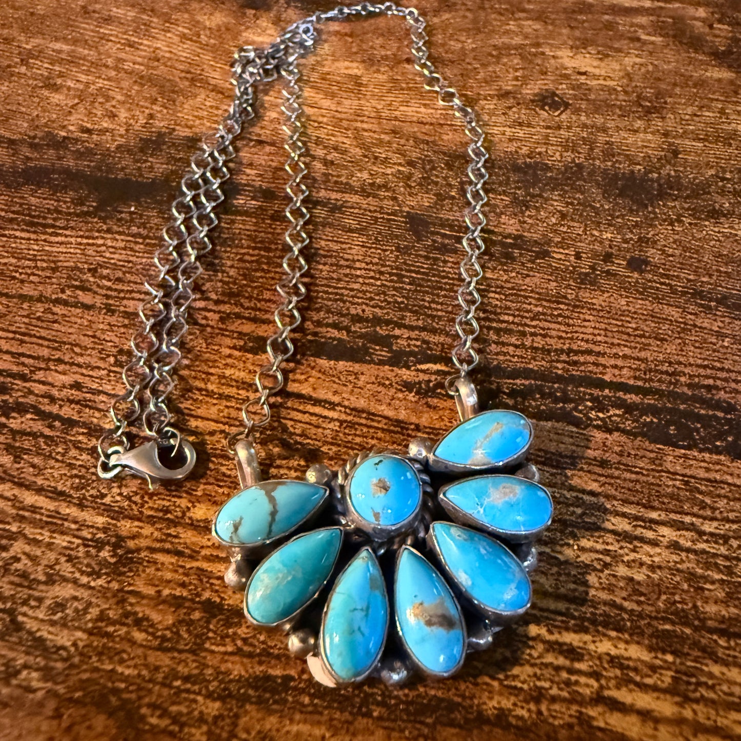 Native Handmade Effie Garfield Kingman Turquoise Half Cluster Necklace Sterling Silver