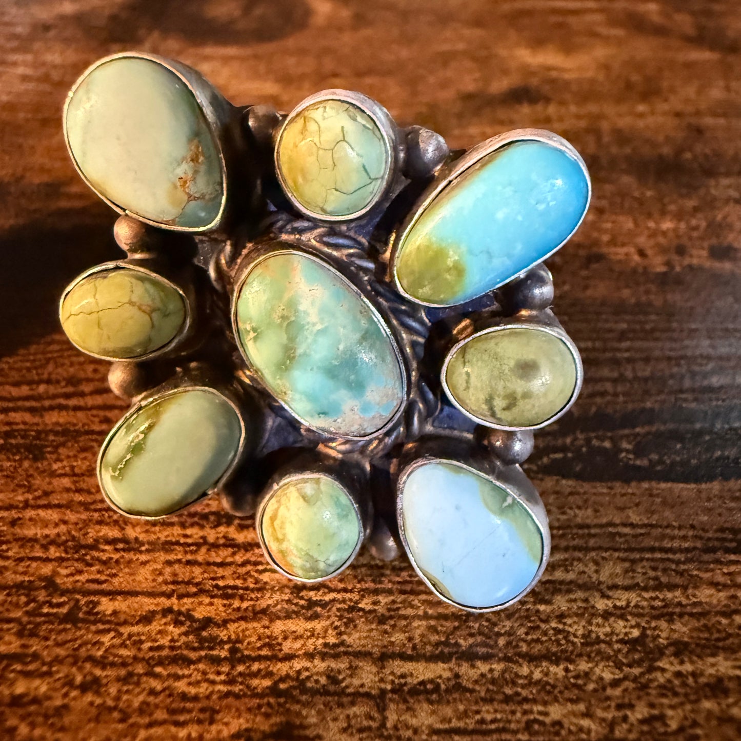 Native Handmade Sterling Silver Adjustable Ring With White Water Sonoran Gold