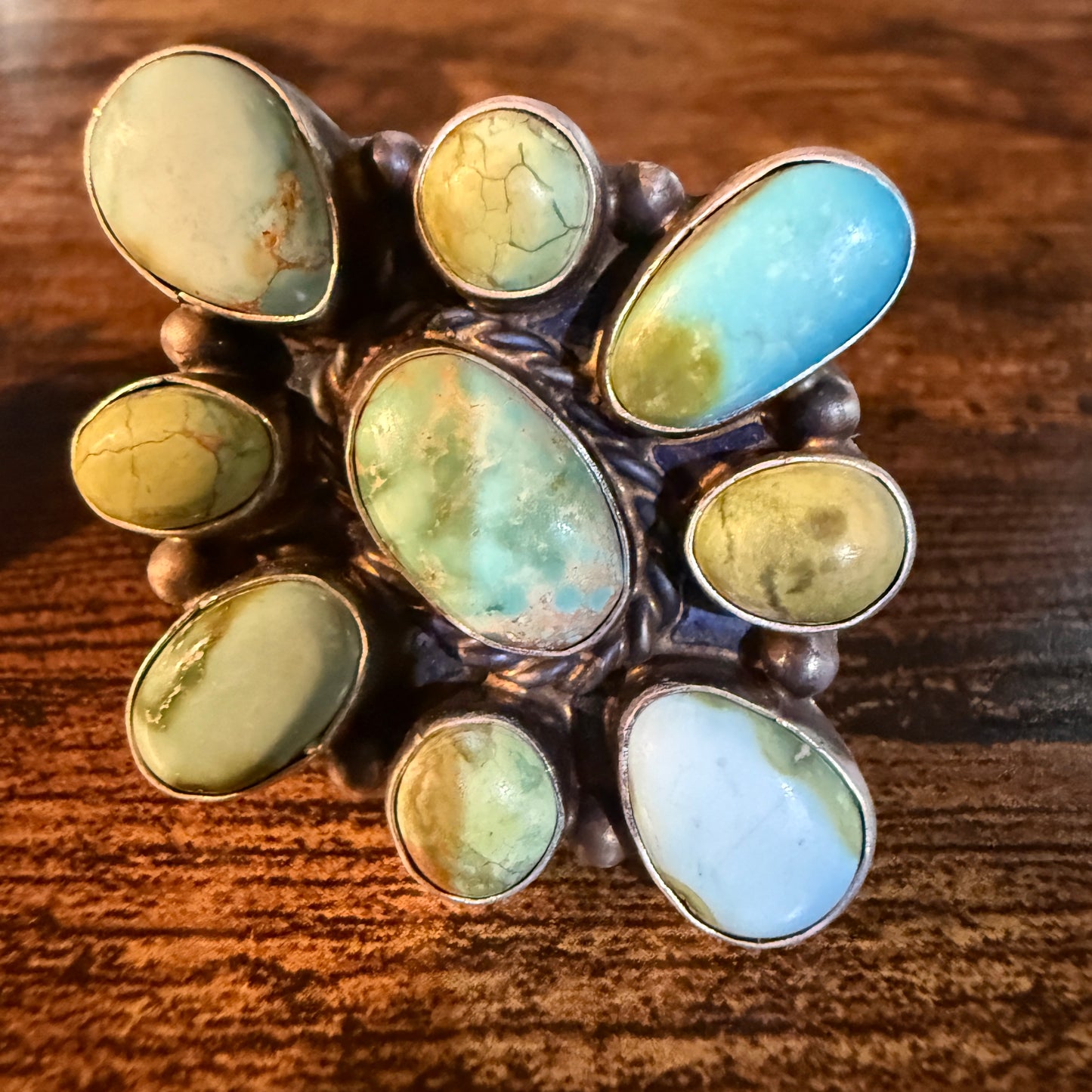 Native Handmade Sterling Silver Adjustable Ring With White Water Sonoran Gold