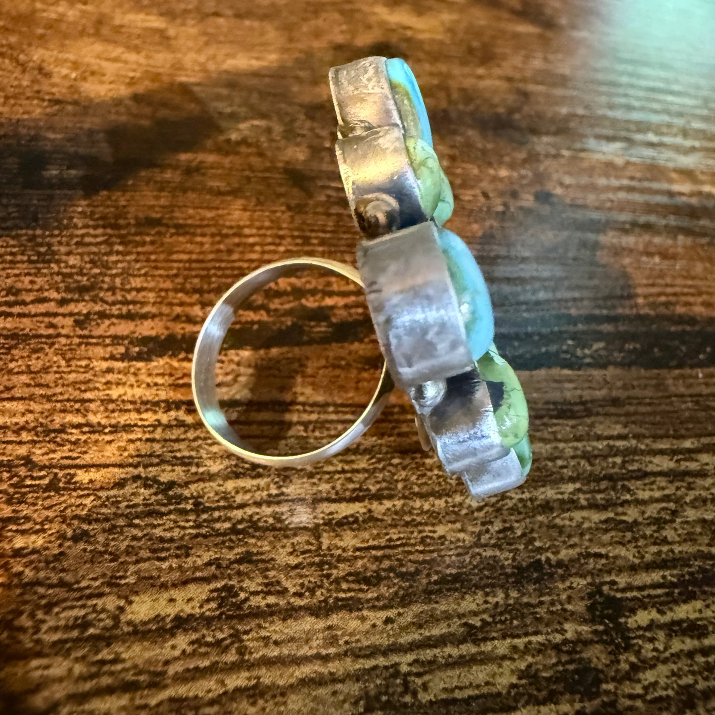 Native Handmade Sterling Silver Adjustable Ring With White Water Sonoran Gold