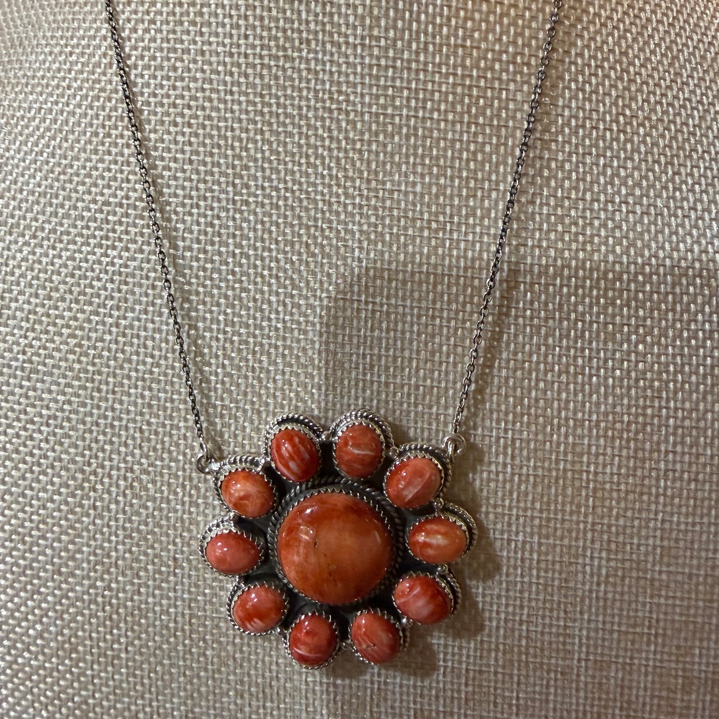 Orange Spiny Oyster Cluster Necklace in Sterling Silver with 18 Inch Chain