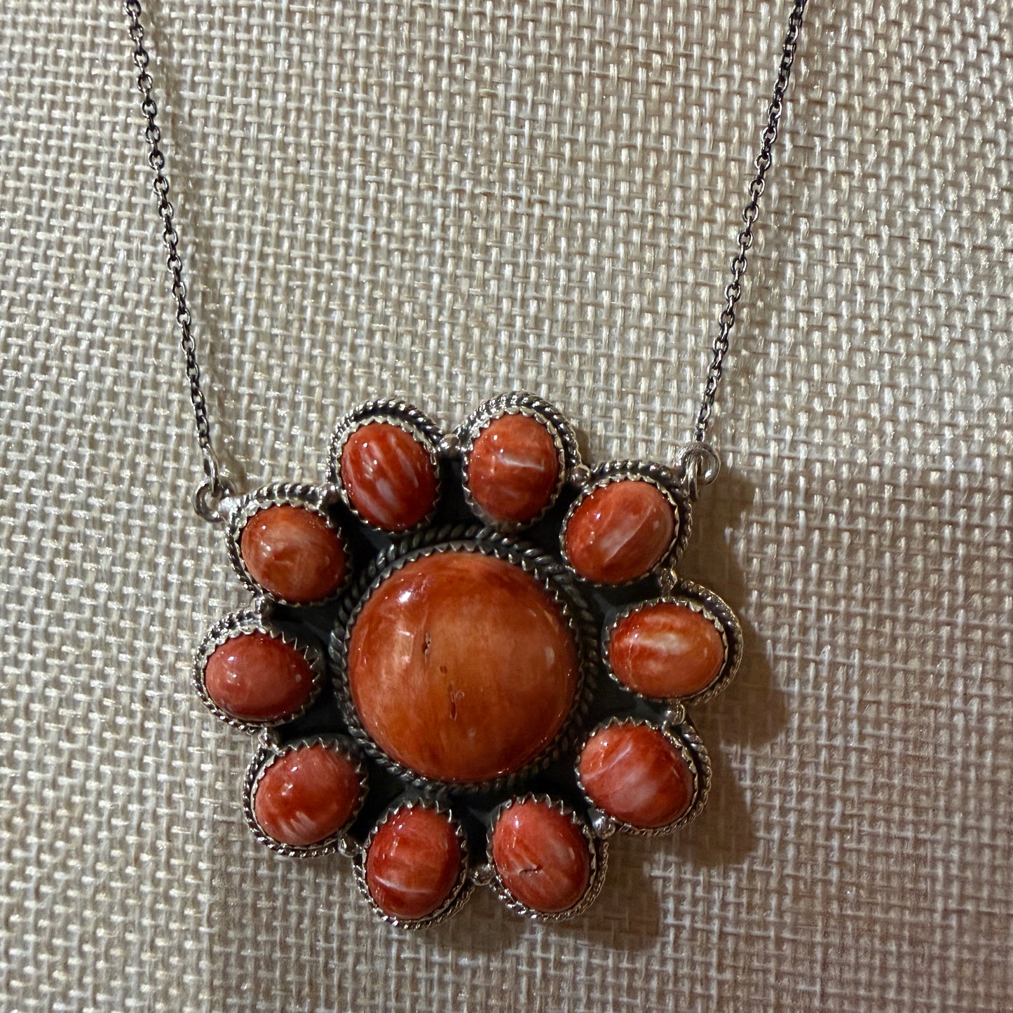 Orange Spiny Oyster Cluster Necklace in Sterling Silver with 18 Inch Chain