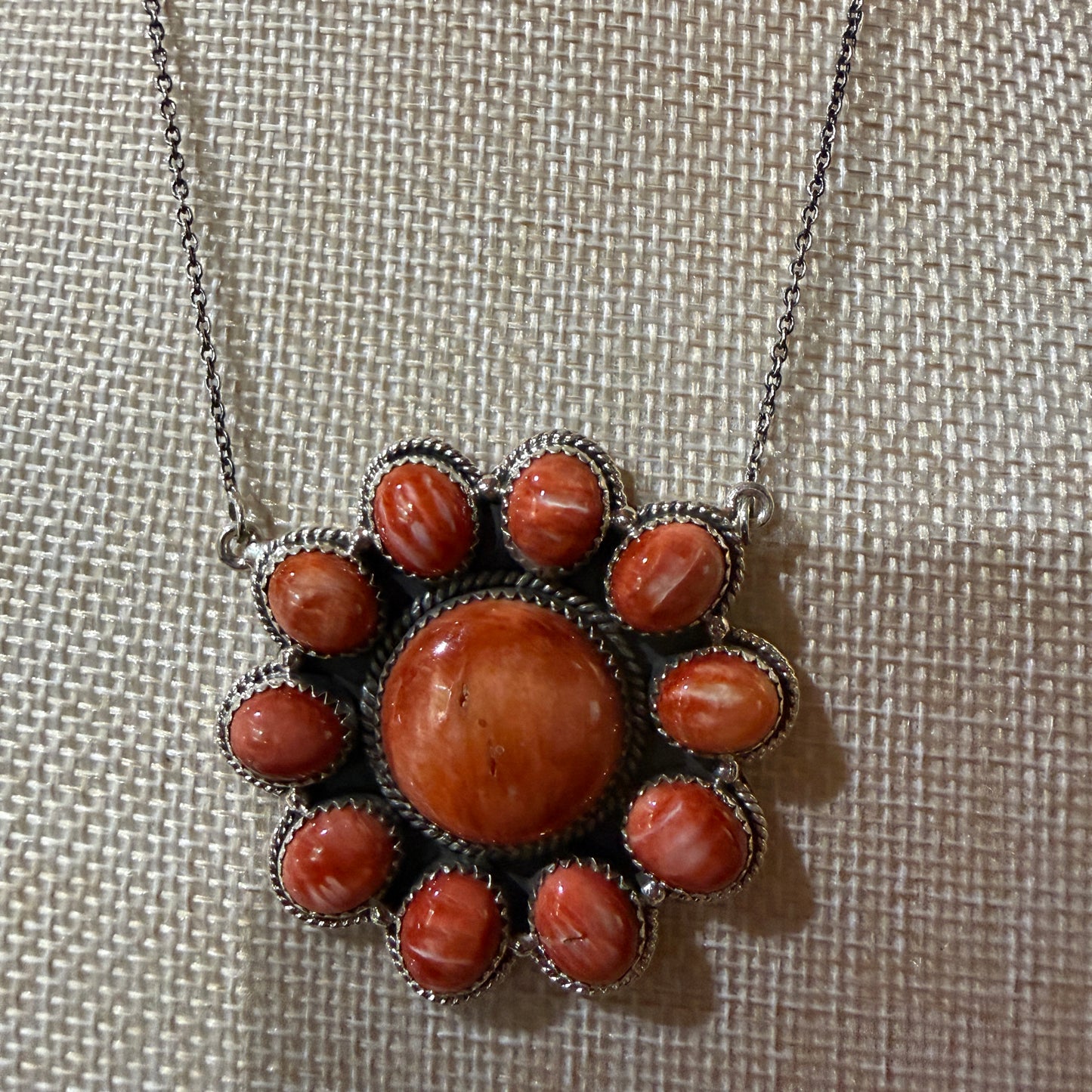 Orange Spiny Oyster Cluster Necklace in Sterling Silver with 18 Inch Chain