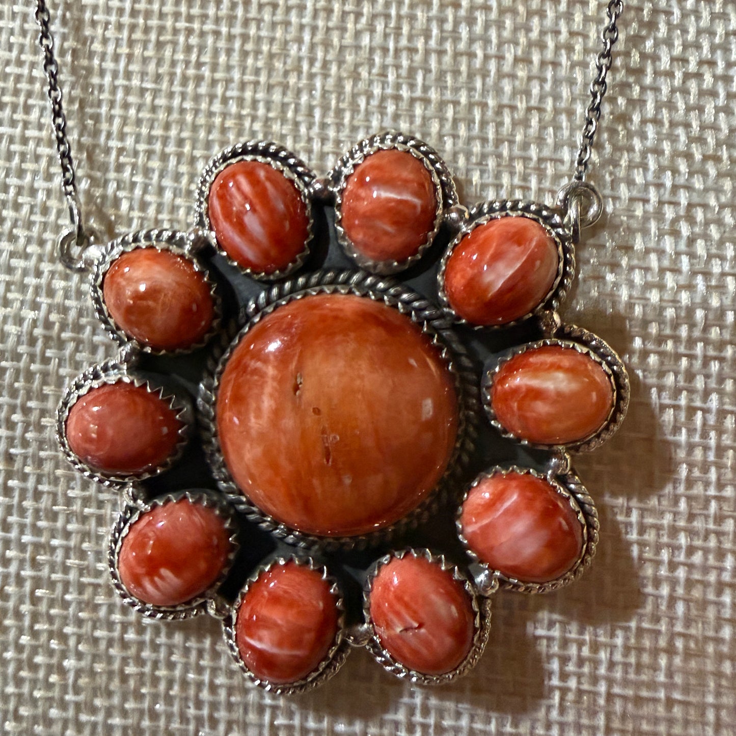 Orange Spiny Oyster Cluster Necklace in Sterling Silver with 18 Inch Chain