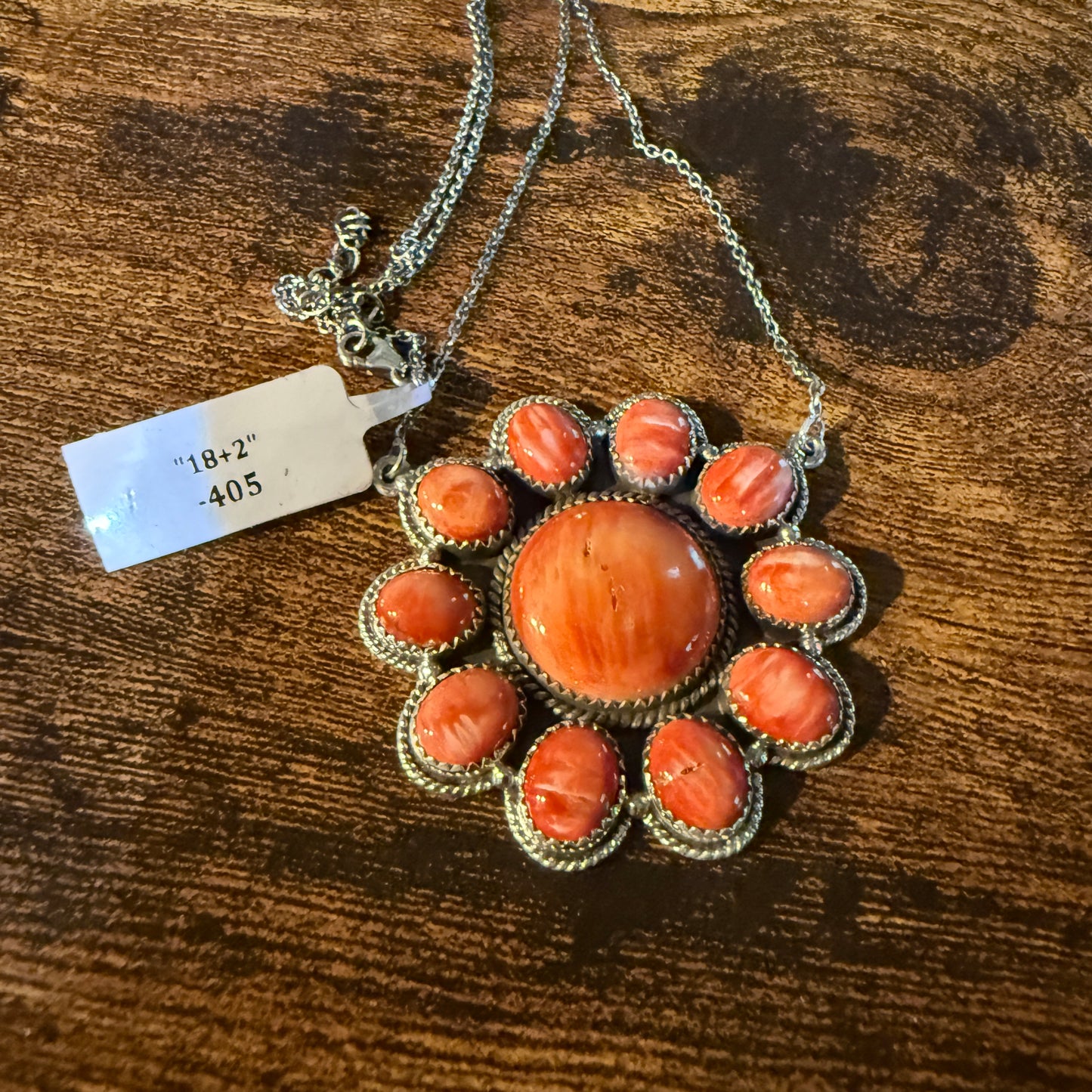 Orange Spiny Oyster Cluster Necklace in Sterling Silver with 18 Inch Chain