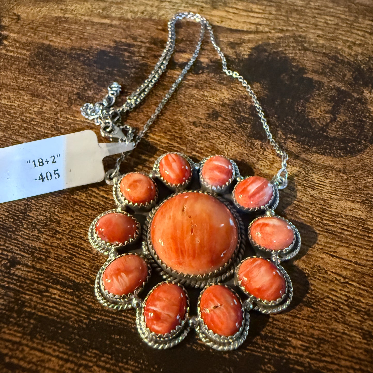 Orange Spiny Oyster Cluster Necklace in Sterling Silver with 18 Inch Chain