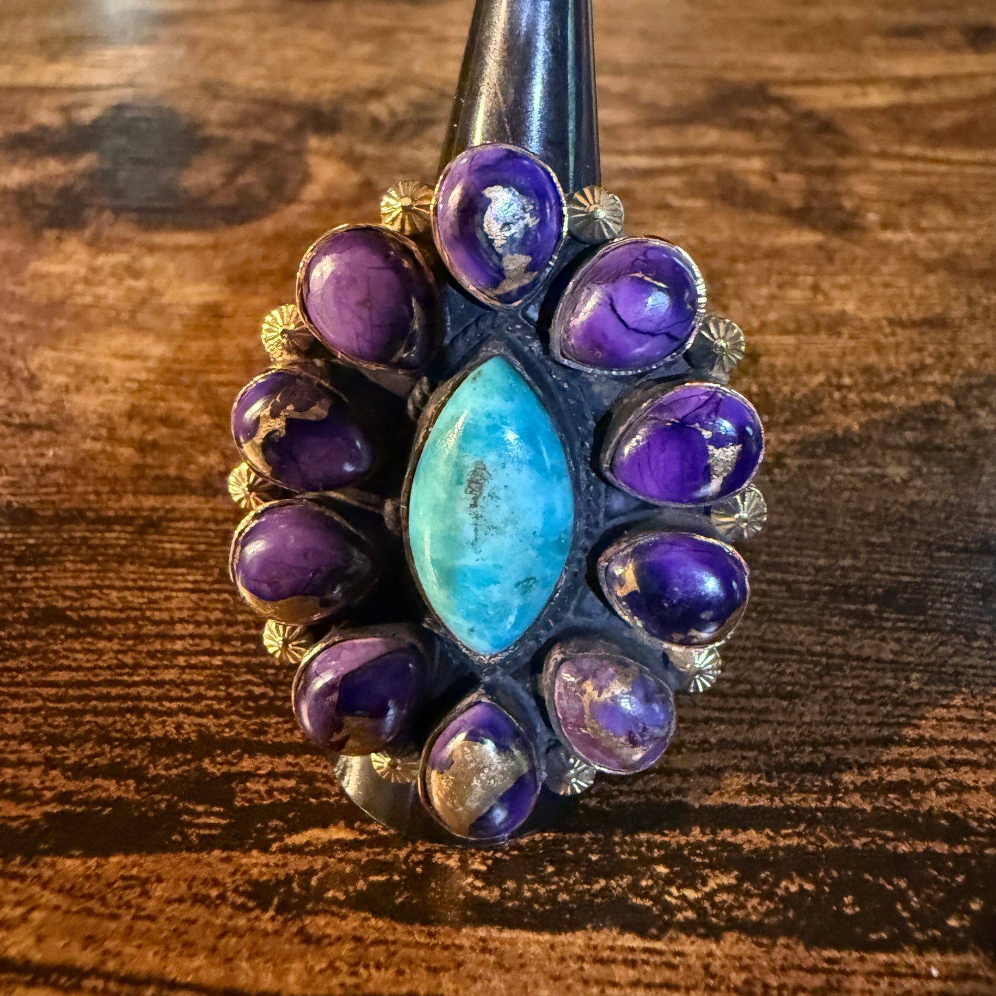 Purple Dahlia And Kingman Turquoise Statement Adjustable Ring Copper Wide Band