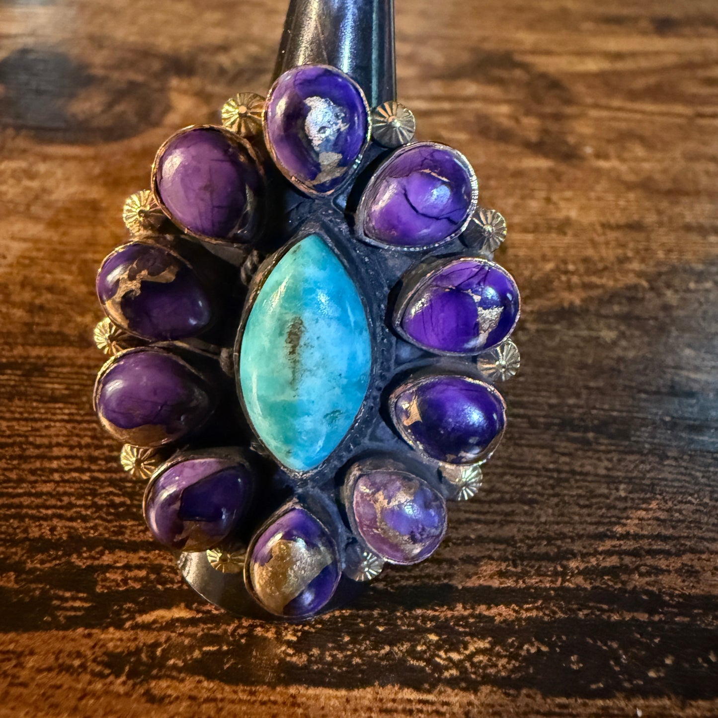 Purple Dahlia And Kingman Turquoise Statement Adjustable Ring Copper Wide Band
