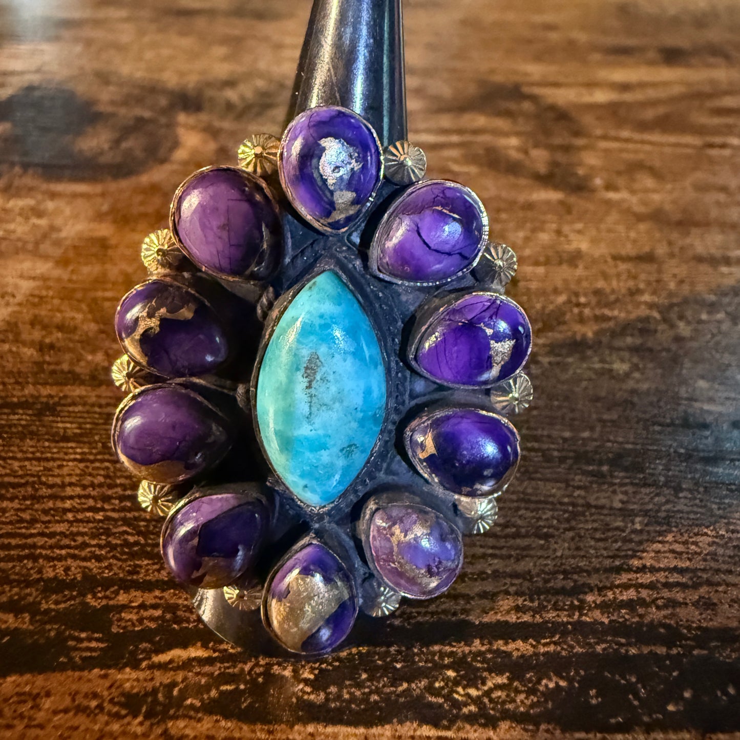 Purple Dahlia And Kingman Turquoise Statement Adjustable Ring Copper Wide Band