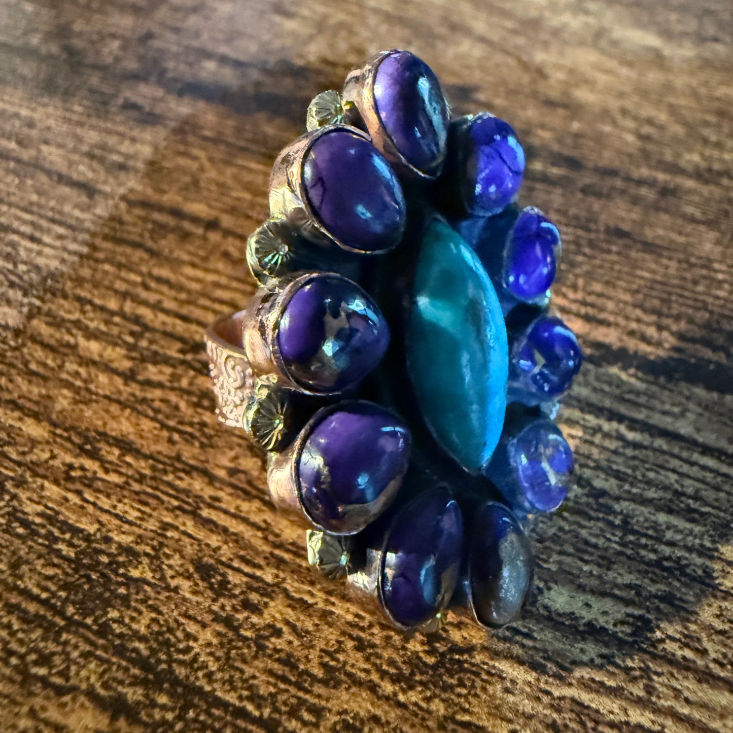 Purple Dahlia And Kingman Turquoise Statement Adjustable Ring Copper Wide Band