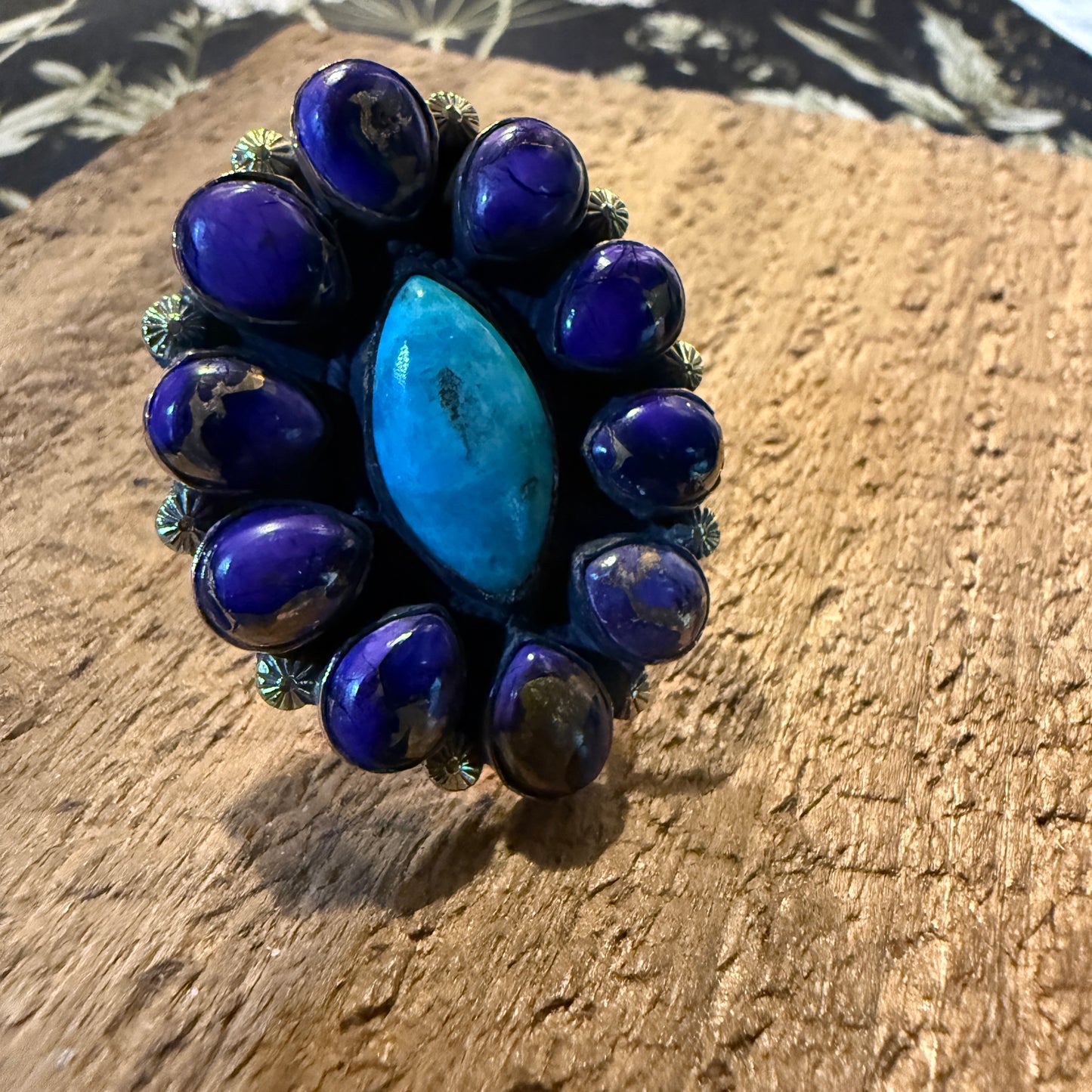 Purple Dahlia And Kingman Turquoise Statement Adjustable Ring Copper Wide Band