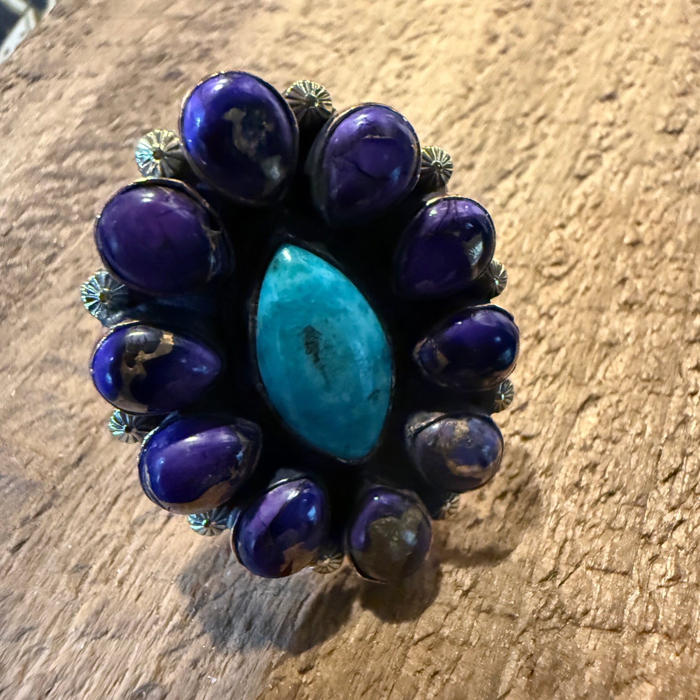 Purple Dahlia And Kingman Turquoise Statement Adjustable Ring Copper Wide Band