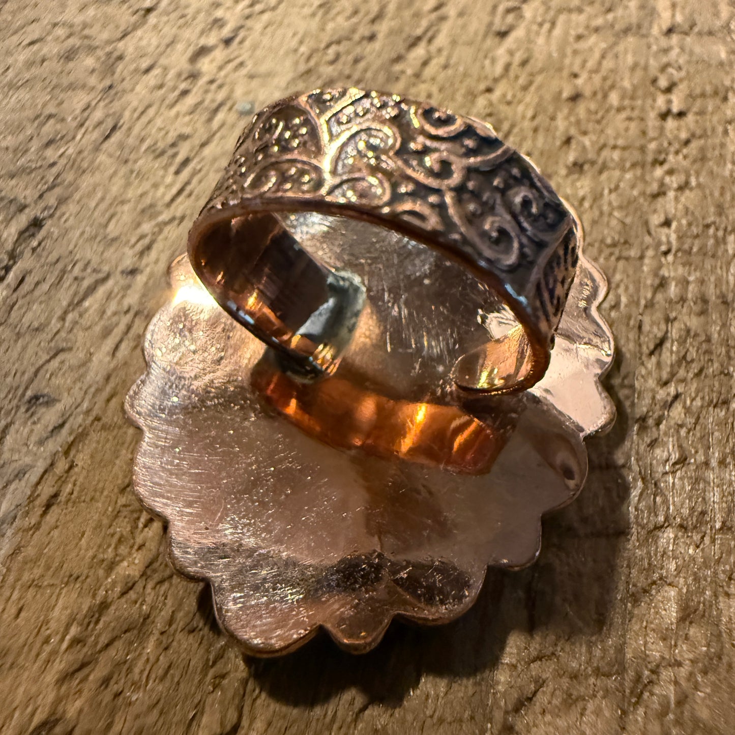 Purple Dahlia And Kingman Turquoise Statement Adjustable Ring Copper Wide Band