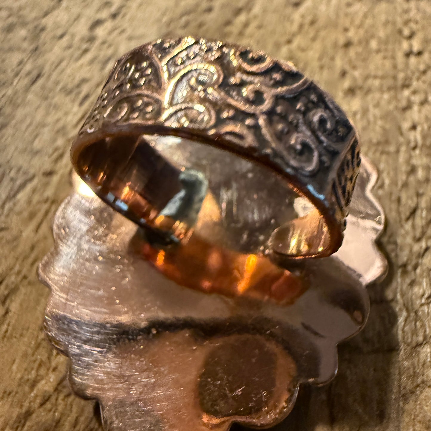 Purple Dahlia And Kingman Turquoise Statement Adjustable Ring Copper Wide Band