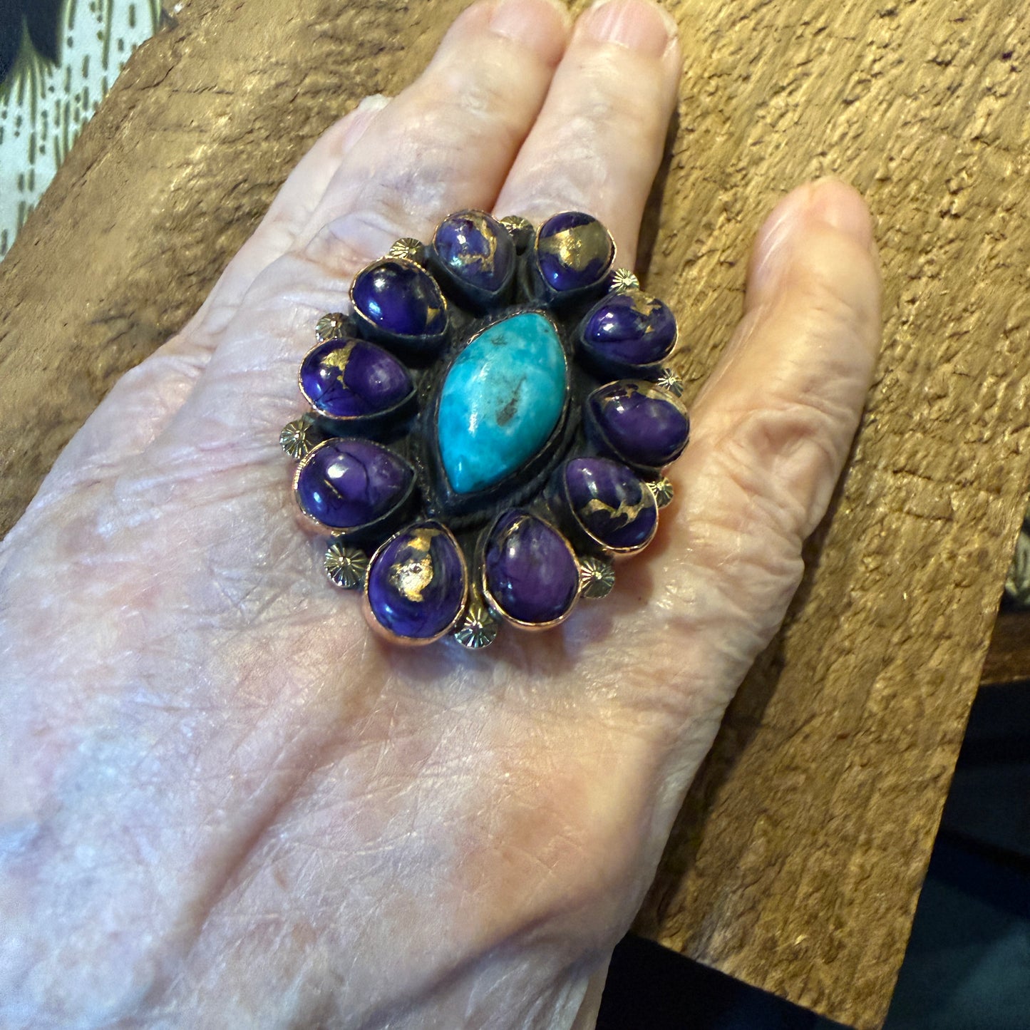 Purple Dahlia And Kingman Turquoise Statement Adjustable Ring Copper Wide Band