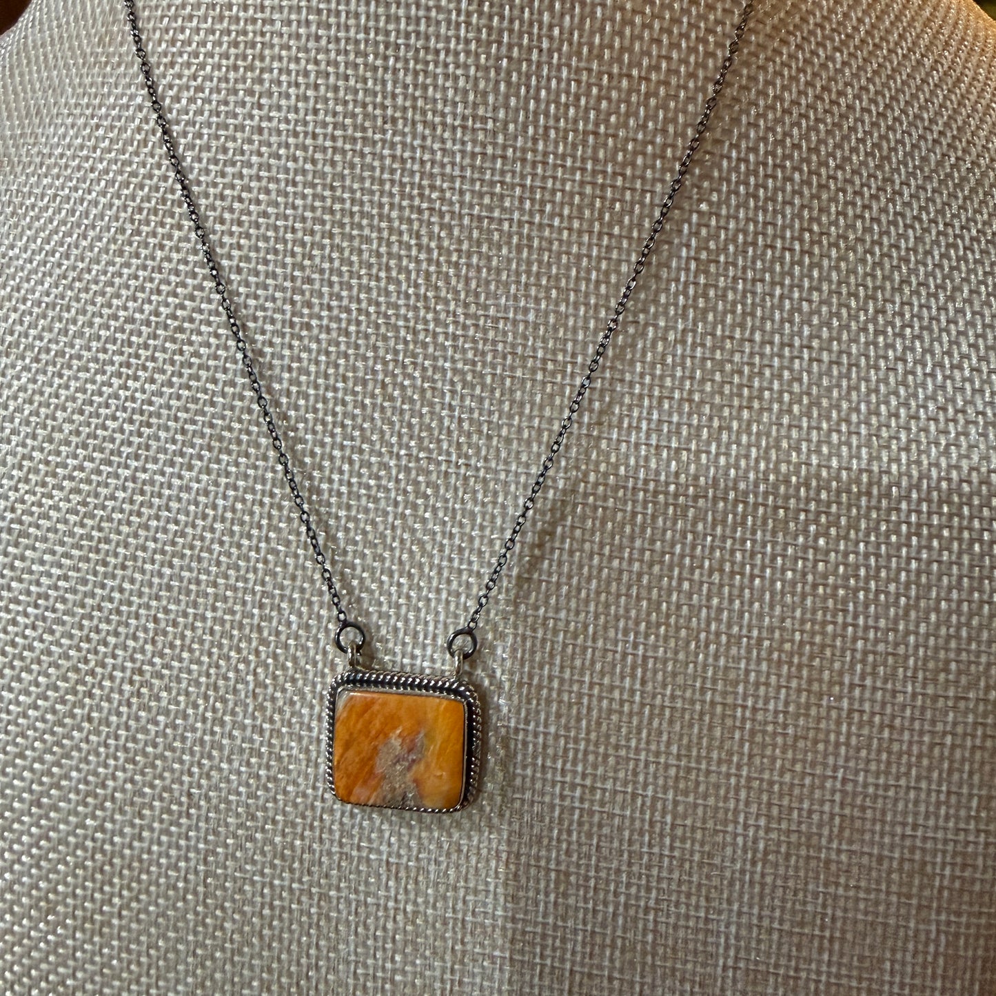 Orange Spiny Oyster Pendant Necklace In Sterling Silver On 18 Inch Chain