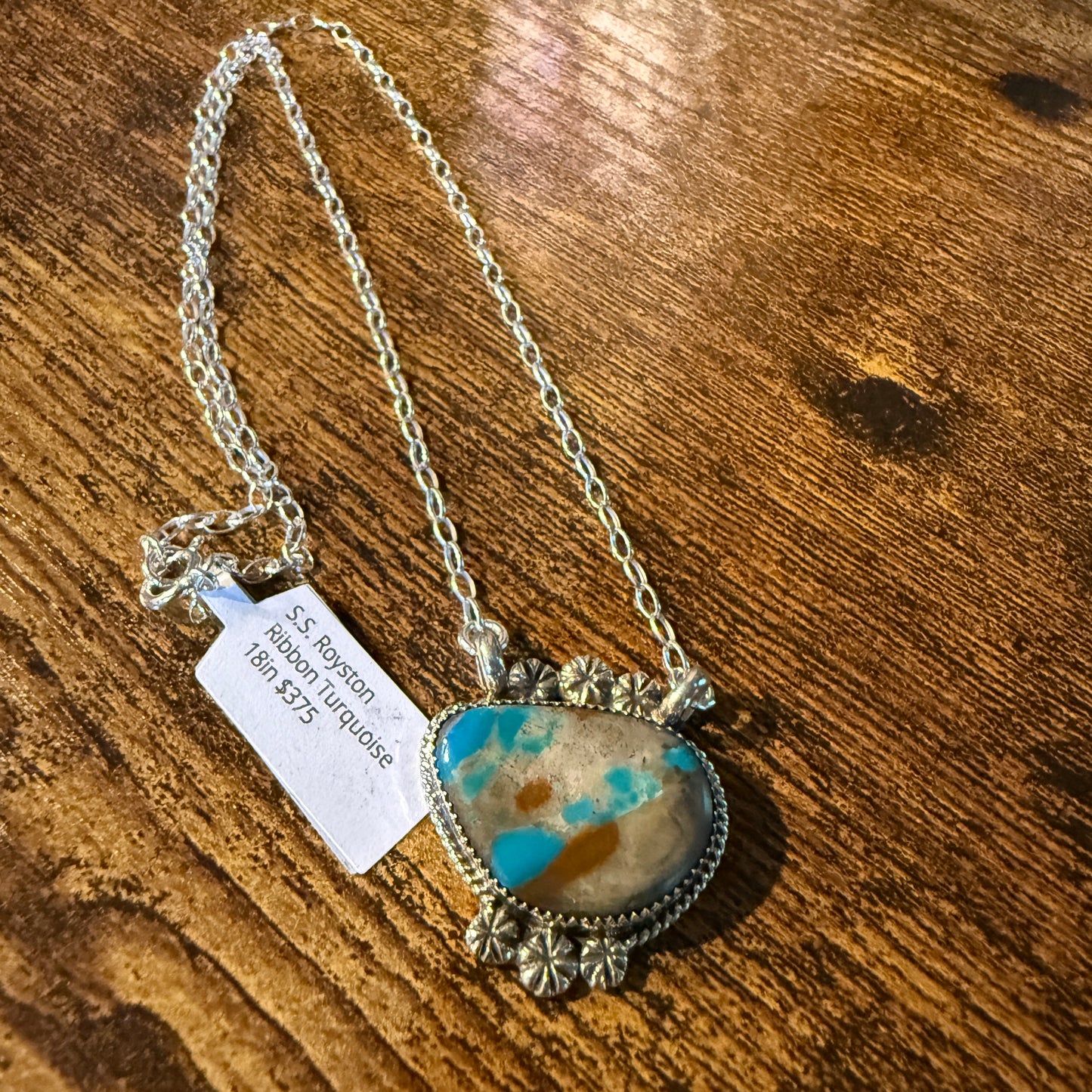 Navajo Handmade Royston Ribbon Turquoise Necklace Sterling Silver 18 Inch Chain